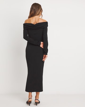 Long Sleeve Ruched Bardot Midi Dress