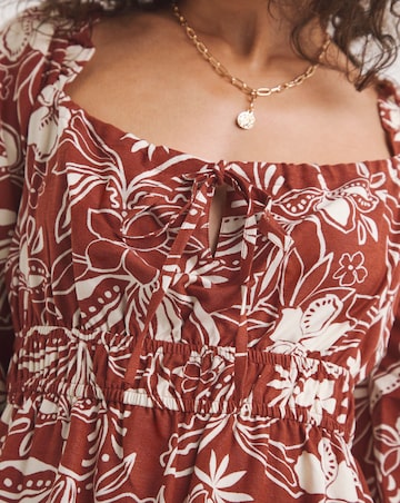 Linen Mixed Sundress With Puff Sleeves