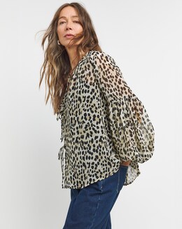 Georgette Blouson Sleeve Tie Detail Blouse - Leopard