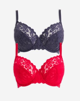 Pretty Secrets 2 Pack Daisy Lace Full Cup Bras B-G - Grey/Red
