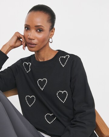 Black Crew Neck Pearl Heart Sweatshirt
