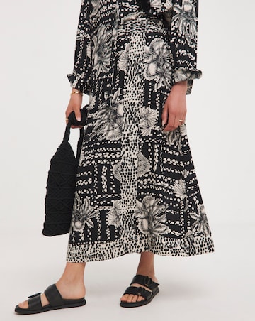 Border Print Linen Mix Midi Wrap Skirt