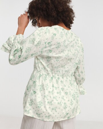 Green Print Cotton Dobby Puff Sleeve Top