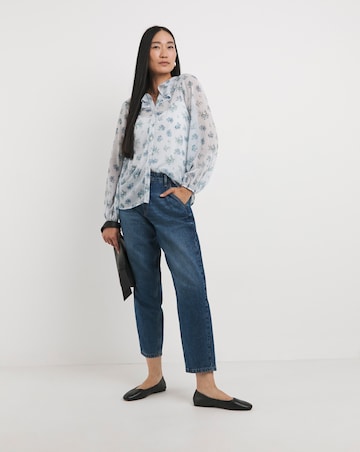 Womens Chiffon Frill Neck Long Sleeve Blouse - Blue Print