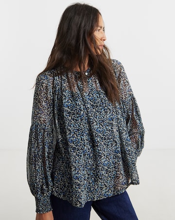 Womens Georgette Collarless Blouson Sleeve - Blue Abstract