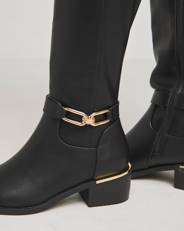 Heavenly Soles Ledger Knee High Boots With Trim Detailing Wide E Fit Curvy Calf
