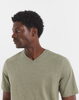 V Neck Marl Pure Cotton T-Shirt Long- Khaki Marl