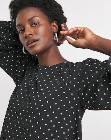 Crew Neck Blouson Sleeve Blouse - Black Spot