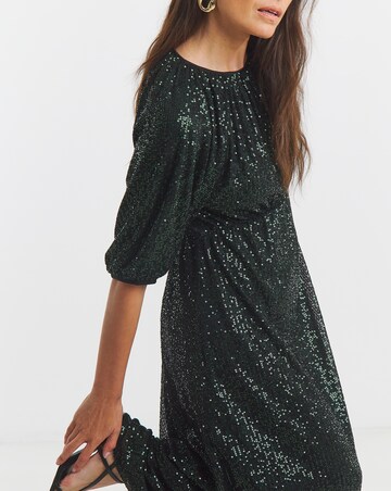 Linear Sequin Puff Sleeve Midi Dress