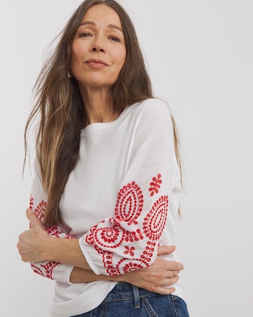 Pure Cotton Broderie 3/4 Length Sleeve Crew Neck Top