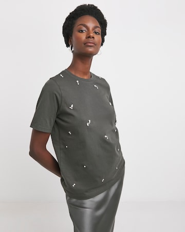 Pure Cotton Charcoal Crew Neck Scatter Embellished T-shirt