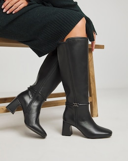 Lainey Leather Knee High Heeled Boots with Trim - Wide Fit (E) &amp; Curvy Calf