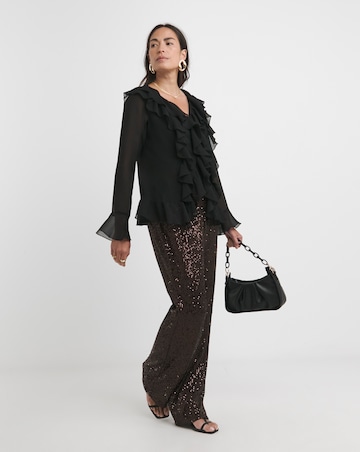 Womens Ruffle Romantic Long Sleeve Blouse - Black
