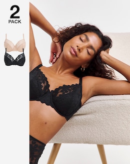 Pretty Secrets (2 Pack) Daisy Lace Full Cup Bras (B-G) Black/Almond