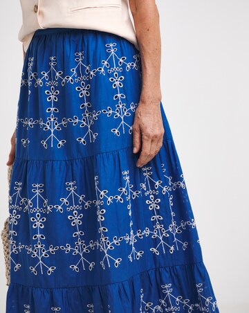 Blue Broderie Tiered Pull On Maxi Skirt