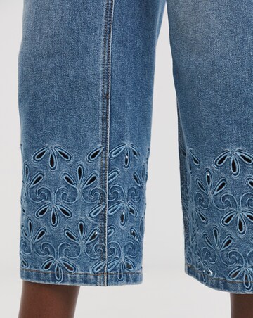 Mid Blue Broderie Straight Leg Crop Jeans