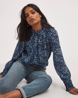 Blue Print Sheer Shirred Yoke Blouse With Shirred Cuffs