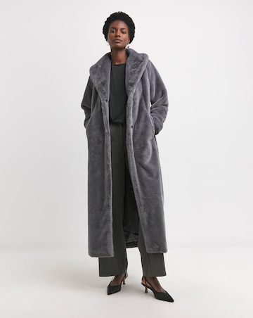 Grey Longline Faux Fur Coat