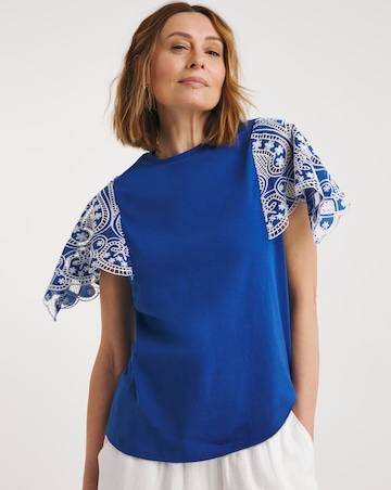 Crew Neck Broderie Angel Sleeve Top