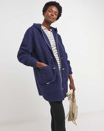 Indigo Borg Tie Detail Zip Up Longline Jacket