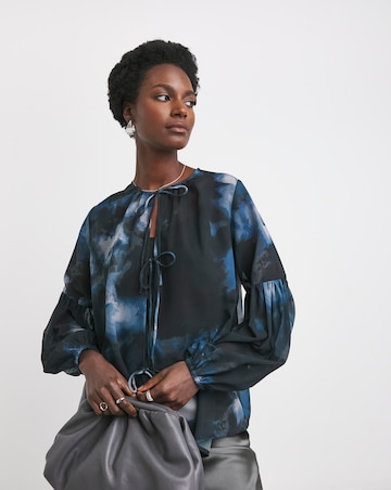 Womens Georgette Tie Detail Collarless Blouse - Abstract Print