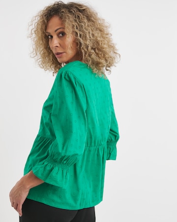 Green Cotton Dobby Puff Sleeve Top