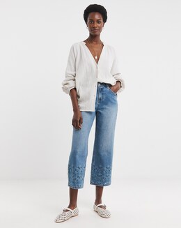Mid Blue Broderie Straight Leg Crop Jeans