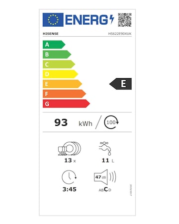 Hisense HS622E90XUK Dishwasher, E rated, 13 place setting