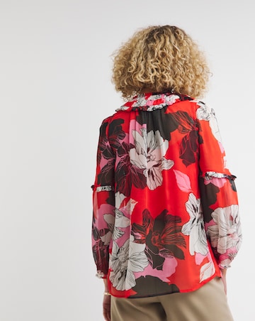 Red Print Long Sleeve Pleated Collar Blouse