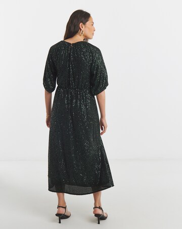 Linear Sequin Puff Sleeve Midi Dress