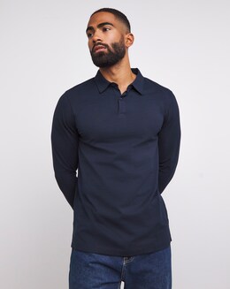 Long Sleeve Jersey Polo Long Length- Navy