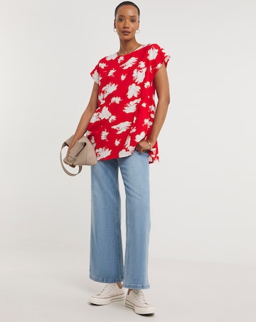 Womens Short Sleeve Smock Top - Red Floral