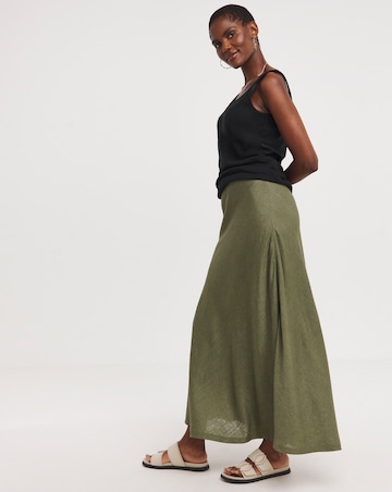 Khaki Linen Mix Bias Cut Maxi Slip Skirt
