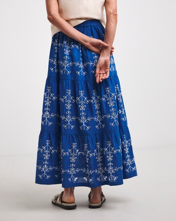 Blue Broderie Tiered Pull On Maxi Skirt
