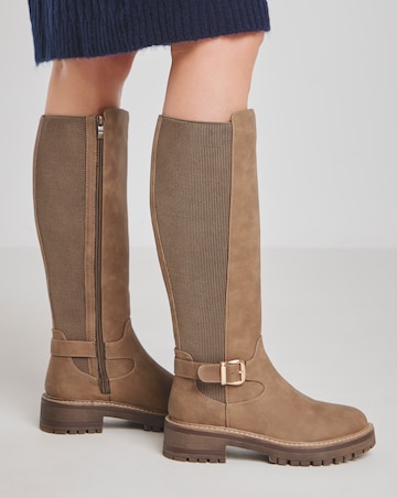Apollo Knee High Elasticated Boots Buckle Detail - Wide Fit (E) & Curvy Calf