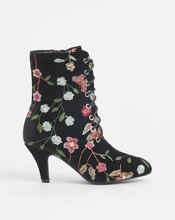 Joe Browns Black Velvet Embroidered Lace Up Bootie- Wide Fit (E)