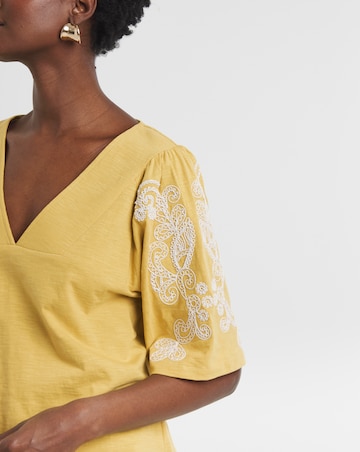 Pure Cotton V Neck Embroidered Sleeve Top