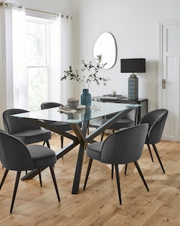 Bodie Black 6 Seater Dining Table with 6 Emilie Velvet Chairs