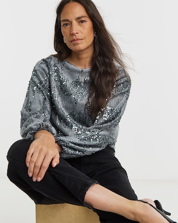 Velvet Sequin Slash Neck Volume Sleeve Top