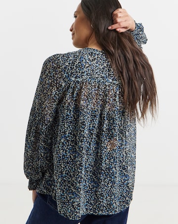 Womens Georgette Collarless Blouson Sleeve - Blue Abstract