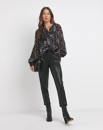Womens Georgette Collarless Blouson Sleeve Blouse- Grey Animal