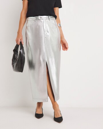 Metallic PU Leather Look Column Maxi Skirt
