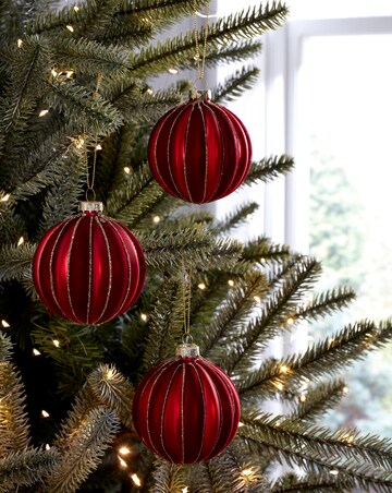 Gisela Graham Red Glass Stripe Baubles - Set of 3