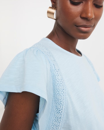 Pure Cotton Broderie Trim Frill Sleeve Top