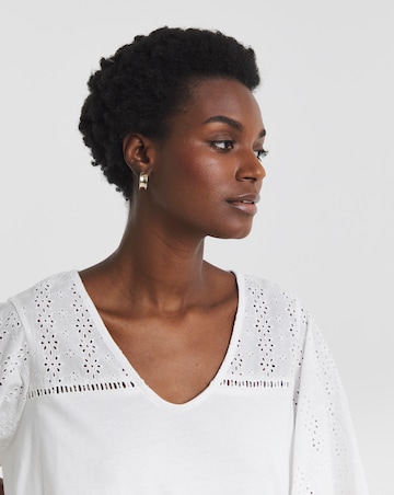 V-Neck Broderie Yoke and Sleeve Bubble Hem Top