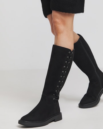 Farley Side Lace Up Flat Knee High Boots - Extra Wide Fit (EEE) Super Curvy Calf