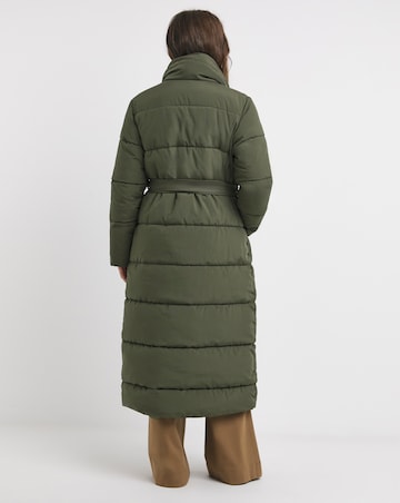 Green Longline Belted Padded Coat