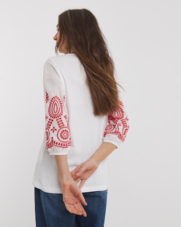 Pure Cotton Broderie 3/4 Length Sleeve Crew Neck Top