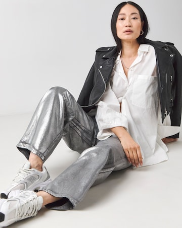 Silver Coated Metallic Wide Leg Jeans