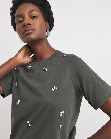 Pure Cotton Charcoal Crew Neck Scatter Embellished T-shirt